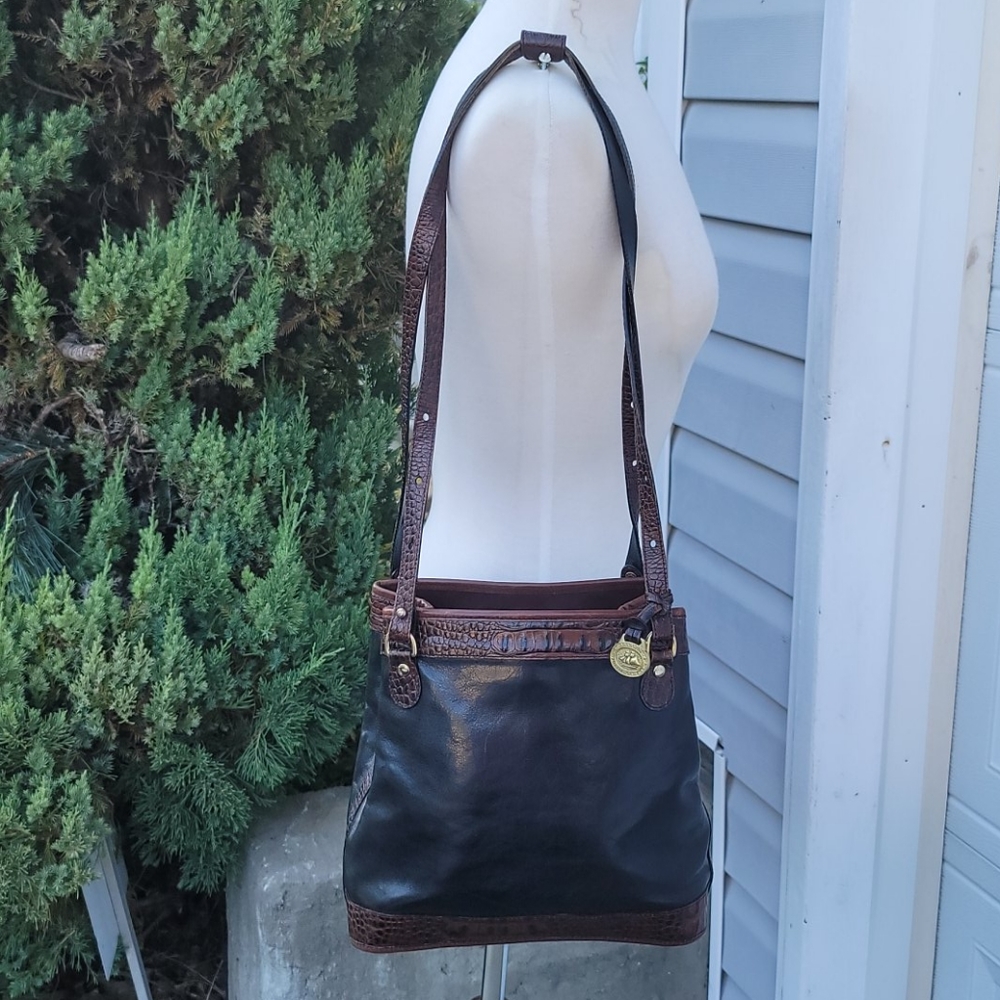 Brahmin Black Brown Croc. Leather Shoulder Bag